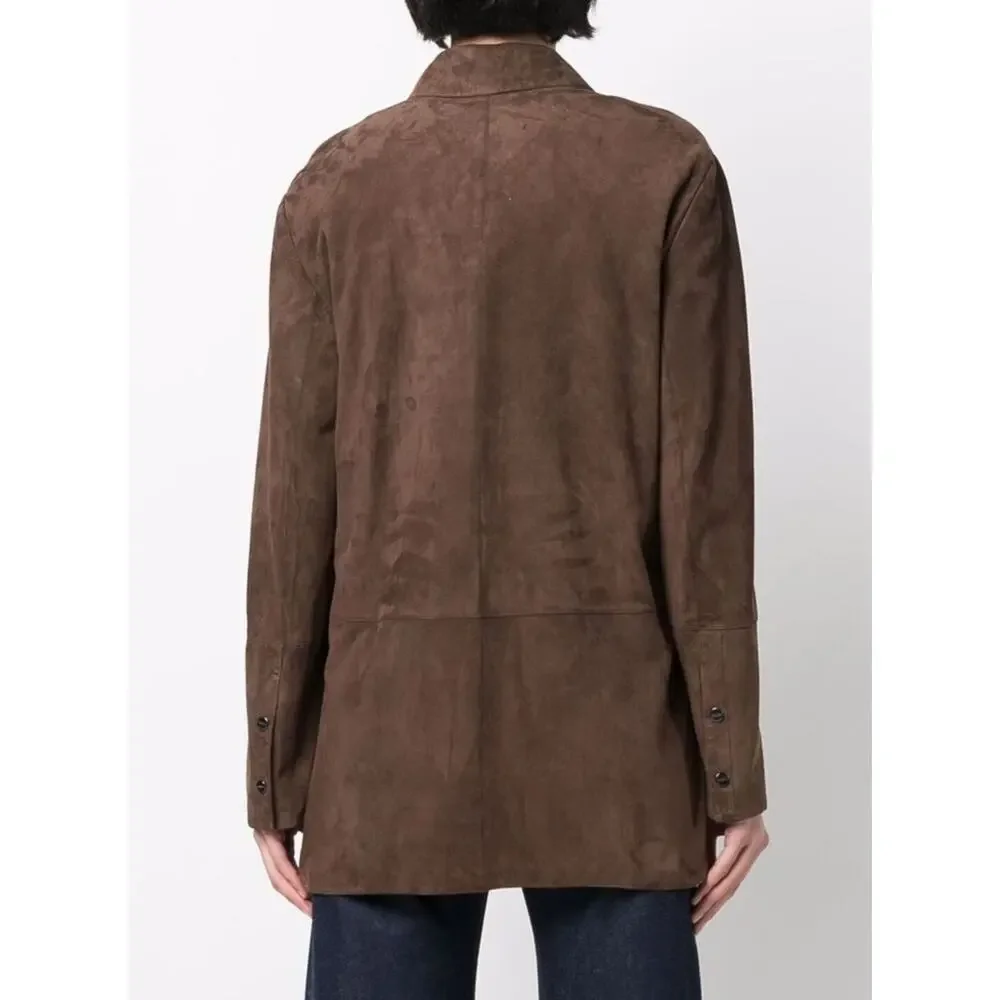 'S MAX MARA Esotico Brown Lamb Leather Suede Shirt Jacket Shacket Saks 4 38 $750 - Picture 12 of 13